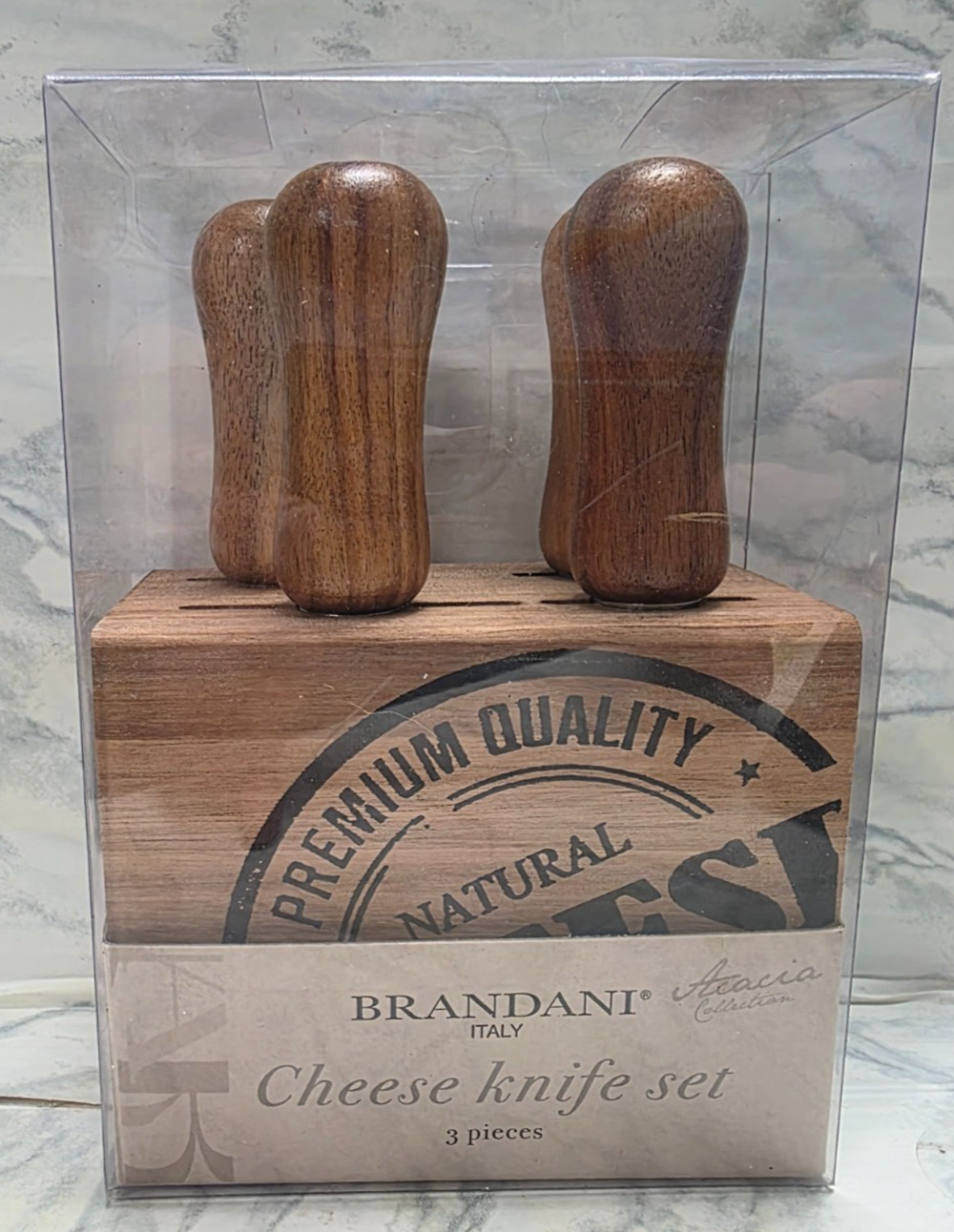 Brandani Italy 3 Pc Wood/Steel Semi Hard Cheese Knife Set, Atacia Collection